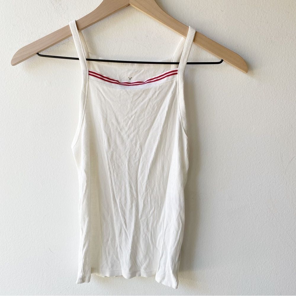 american eagle aeo first essentials white ribbed red stripe square neck tank top